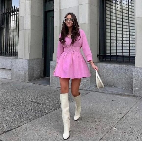 ZARA Poplin Cotton Dress Pink Gathered Waist Smocked Barbiecore Barbie Core - Picture 1 of 5